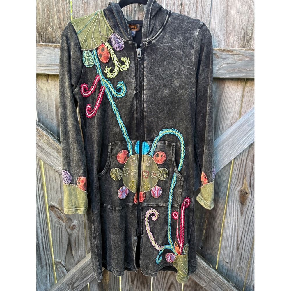 Rising International Boho Patchwork Hooded Jacket Grey Acid Wash Cotton Small
